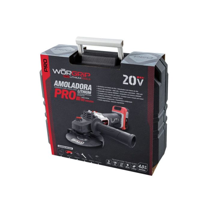 Amoladora Worgrip 20V - Disco 115mm, Batería Pro Litio 4.0Ah.