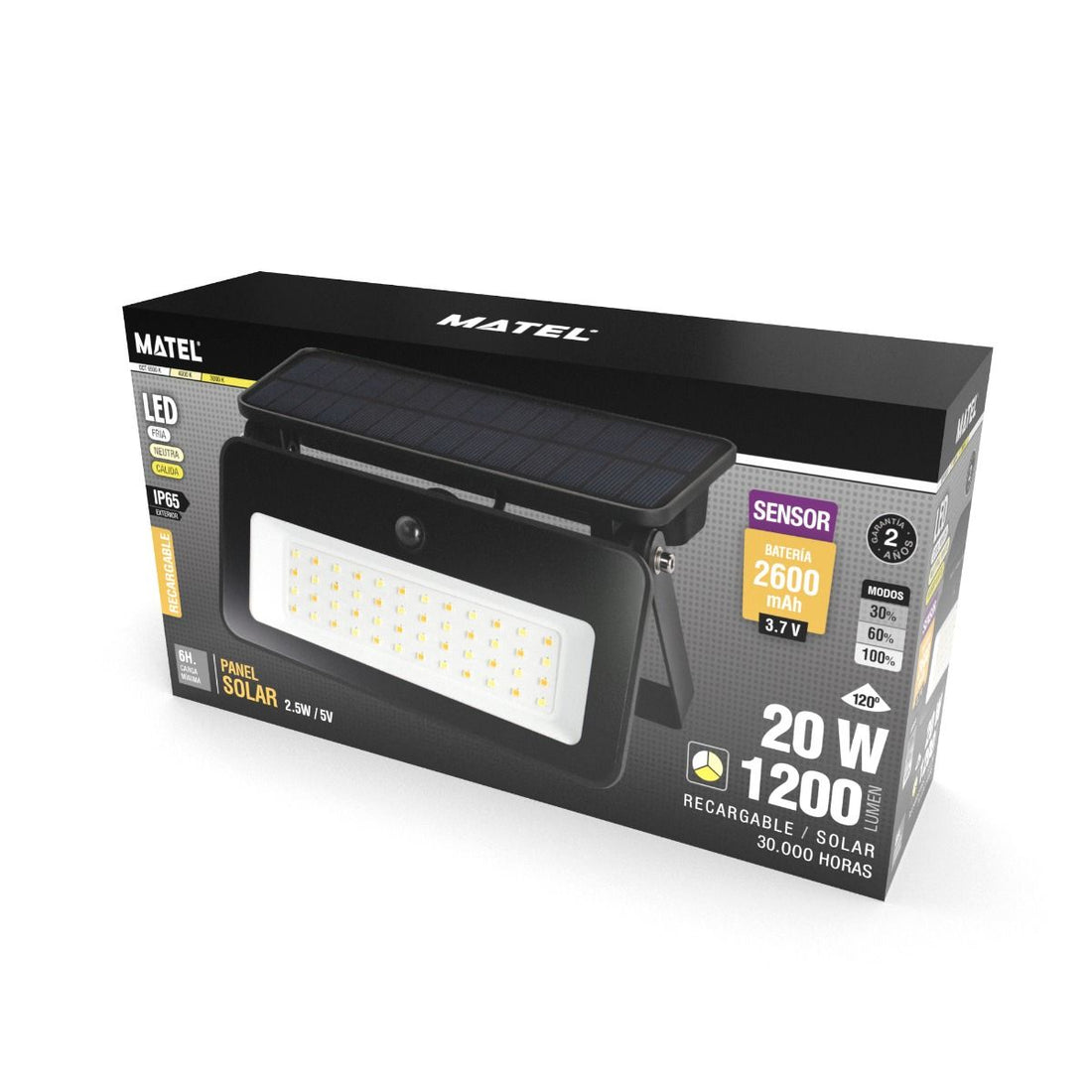 Proyector LED Solar 20W CCT IP65 con Sensor de Movimiento – 1200 Lúmenes, Negro