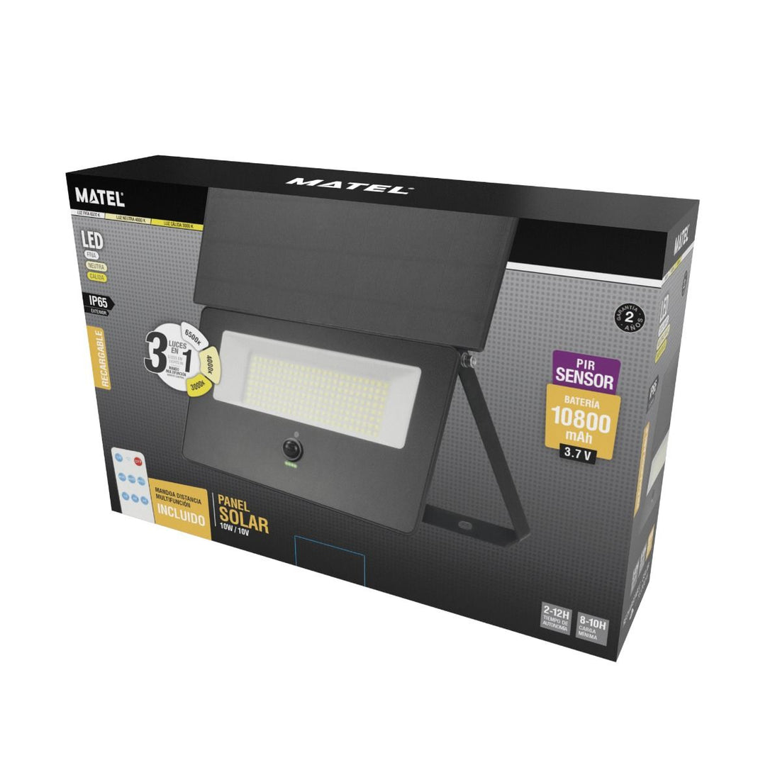 Proyector LED Solar 30W CCT IP65 con Sensor – 3000 Lúmenes, Batería 10800mAh, Negro