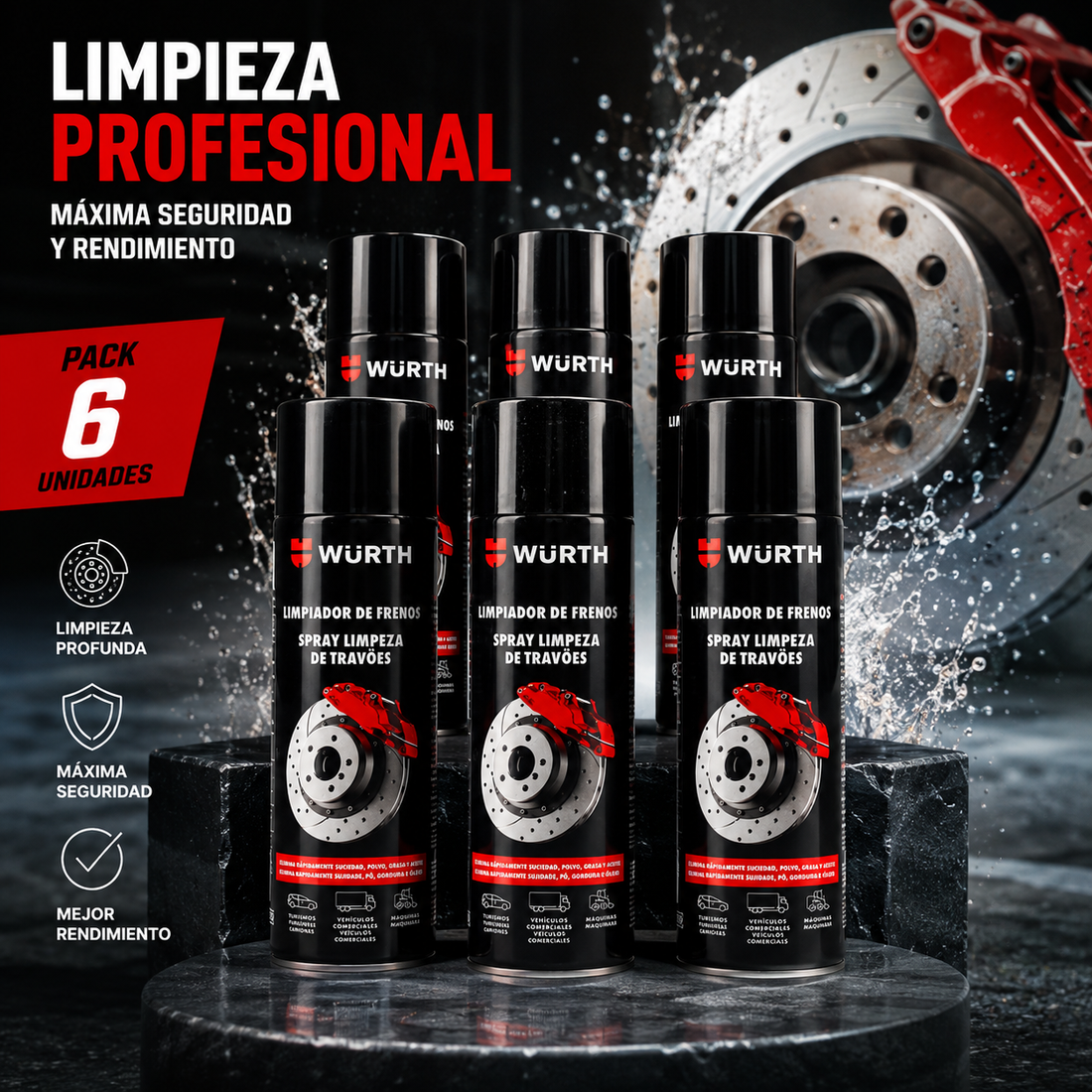Limpiador de Frenos Spray Würth Black Edition 500ml – Pack 6 Uds