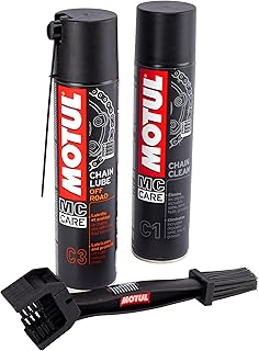 Pack Motul MC Care C1 + C3 + cepillo Limpiador / Limpia y Lubrica Cadenas Off-Road, 400 ml - Limpiador y Lubricante de Alta Protección para Motos